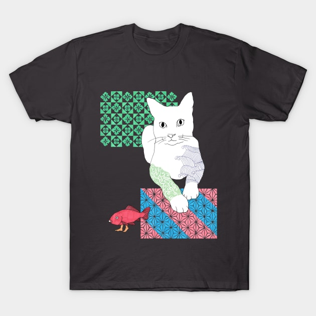 Cat with a walking fish T-Shirt by Nagisa